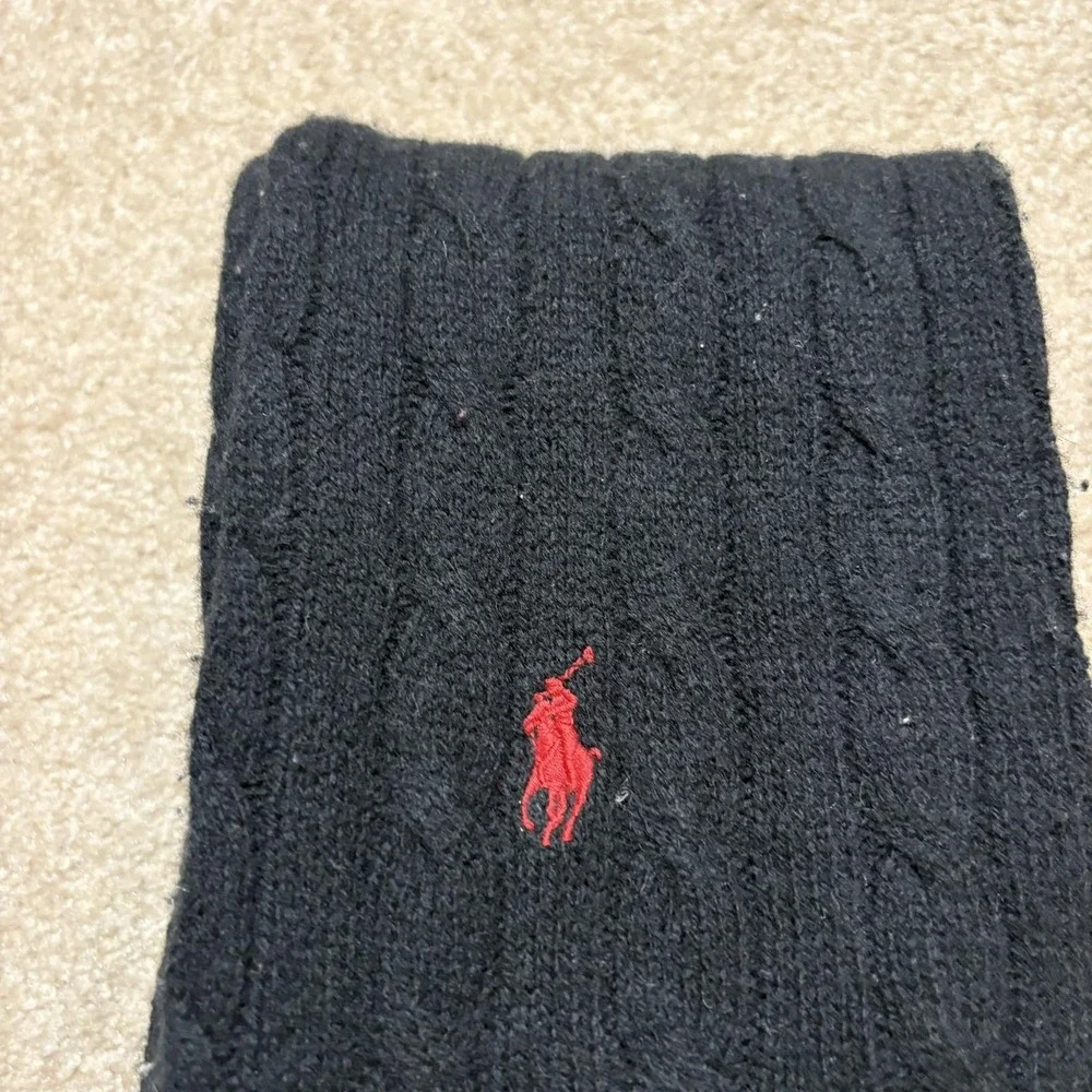 Polo Ralph Lauren Scarf One Size Black Merino Wool Cashmere Cable Knit Fringe